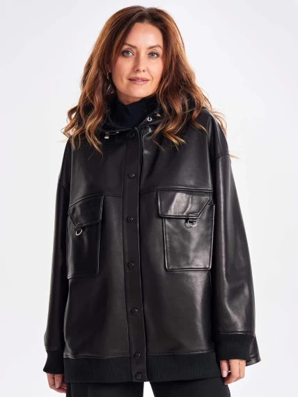 Удлиненная кожаная женская куртка бомбер с капюшоном премиум класса 3067, черная, размер 44, артикул 23810-5