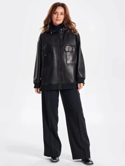 Удлиненная кожаная женская куртка бомбер с капюшоном премиум класса 3067, черная, размер 44, артикул 23810-4