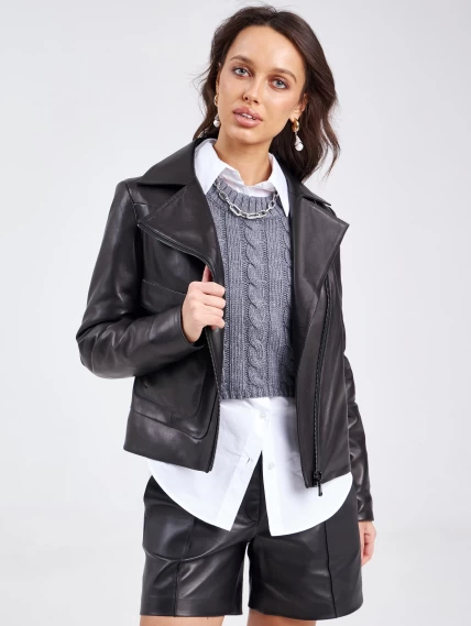 Короткая женская кожаная куртка косуха премиум класса 3032, черная, размер 44, артикул 23240-0