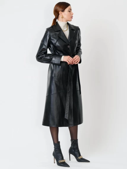 Классическое кожаное женское пальто с поясом премиум класса 3010, черное, размер 48, артикул 25610-0