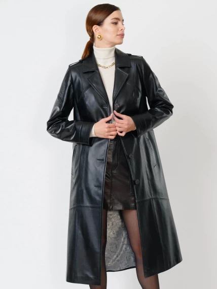 Классическое кожаное женское пальто с поясом премиум класса 3010, черное, размер 48, артикул 25610-3