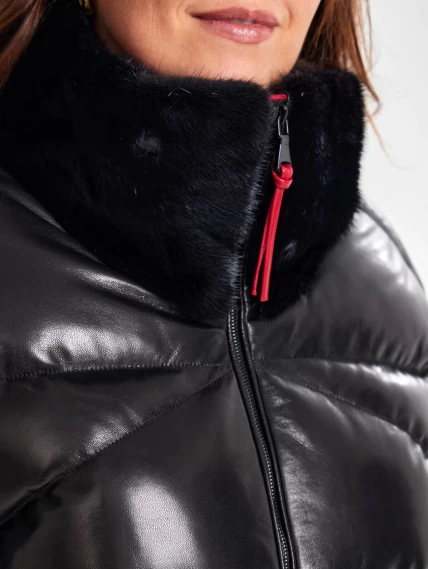 Женский стеганный кожаный пуховик с норковым воротником премиум класса 3072, черный, размер 50, артикул 25530-4