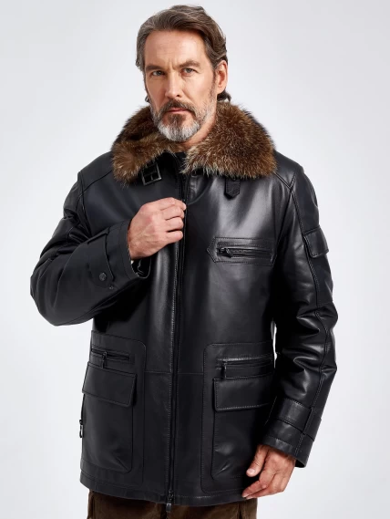Зимняя мужская кожаная куртка с воротником меха енота 514, черная, размер 56, артикул 40750-1