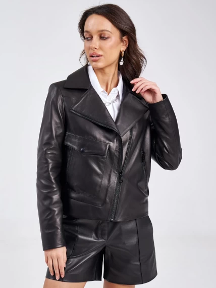 Короткая женская кожаная куртка косуха премиум класса 3032, черная, размер 44, артикул 23240-1