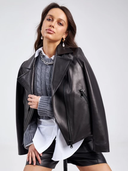 Короткая женская кожаная куртка косуха премиум класса 3032, черная, размер 44, артикул 23240-3