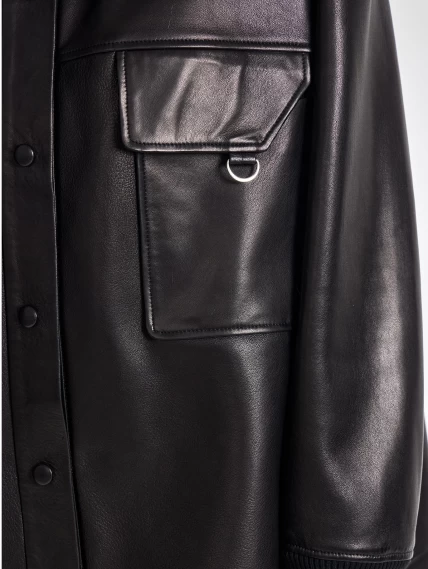 Удлиненная кожаная женская куртка бомбер с капюшоном премиум класса 3067, черная, размер 44, артикул 23810-6