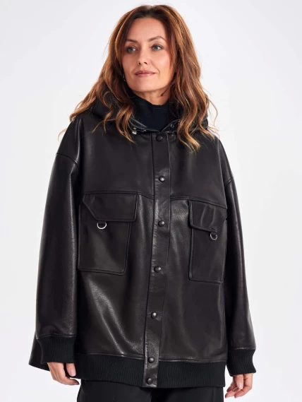 Удлиненная кожаная женская куртка бомбер с капюшоном премиум класса 3067, черная, размер 44, артикул 23810-0
