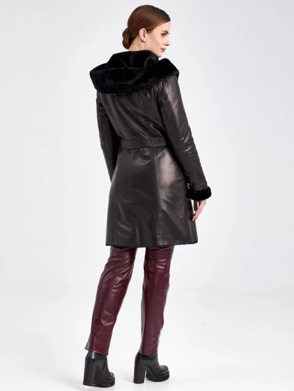 Кожаное пальто зимнее женское 390мех, с капюшоном, черное, размер 46, артикул 91800-2