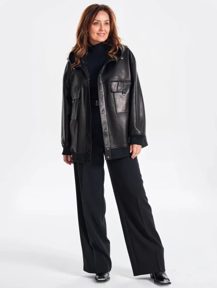 Удлиненная кожаная женская куртка бомбер с капюшоном премиум класса 3067, черная, размер 44, артикул 23810-1