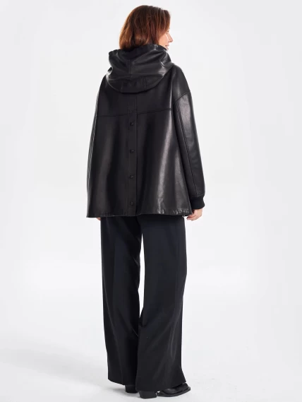 Удлиненная кожаная женская куртка бомбер с капюшоном премиум класса 3067, черная, размер 44, артикул 23810-2