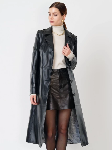 Классическое кожаное женское пальто с поясом премиум класса 3010, черное, размер 48, артикул 25610-5