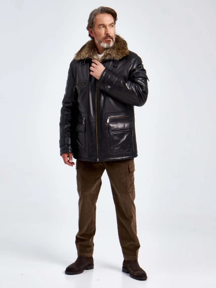 Зимняя мужская кожаная куртка с подкладкой и воротником меха енота 514мех, черная, размер 54, артикул 40760-2