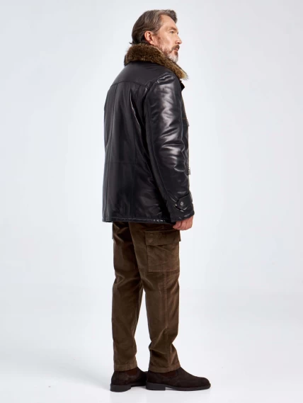 Зимняя мужская кожаная куртка с подкладкой и воротником меха енота 514мех, черная, размер 54, артикул 40760-6