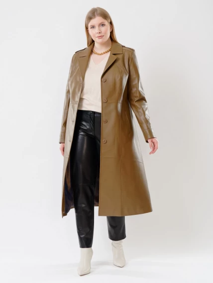 Классическое кожаное женское пальто с поясом премиум класса 3010, серо-коричневое, размер 46, артикул 25620-1
