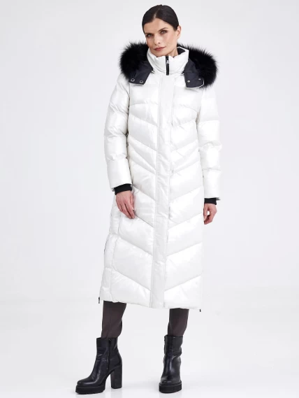 Кожаное стеганное женское пальто с меховым капюшоном премиум класса 3025, серебристое, размер 44, артикул 25430-0