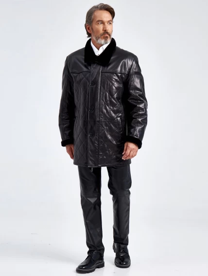Кожаная зимняя мужская куртка на подкладке из овчины 5712, черная, размер 58, артикул 40660-5