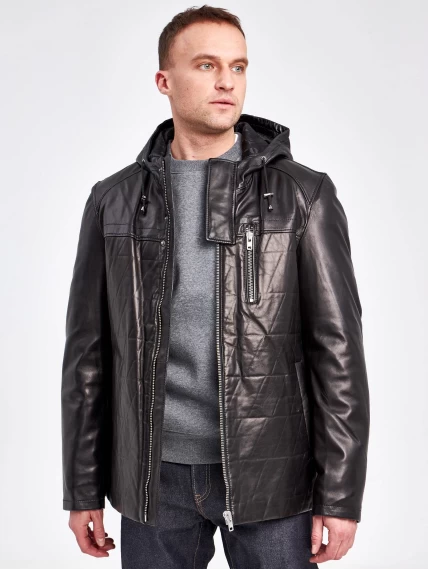 Кожаная куртка с капюшоном для мужчин 5488, черная, размер 52 , артикул 41020-6