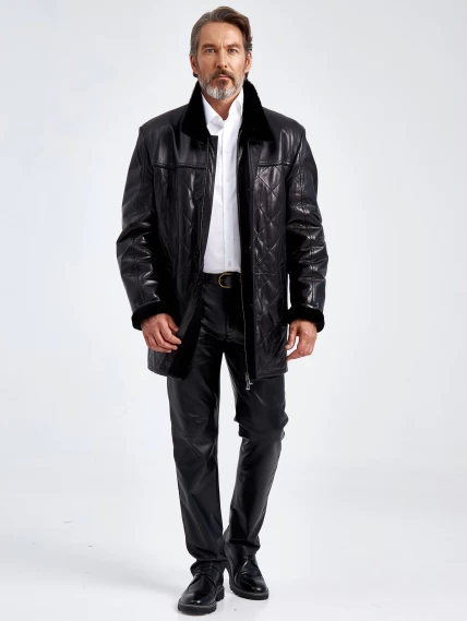 Кожаная зимняя мужская куртка на подкладке из овчины 5712, черная, размер 58, артикул 40660-1