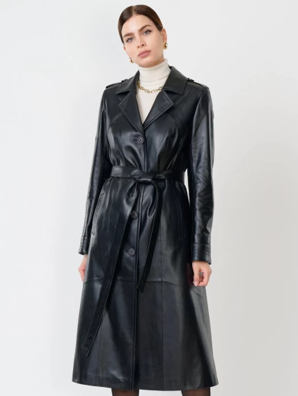 Классическое кожаное женское пальто с поясом премиум класса 3010, черное, размер 48, артикул 25610-1