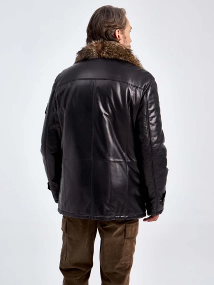 Зимняя мужская кожаная куртка с подкладкой и воротником меха енота 514мех, черная, размер 54, артикул 40760-5