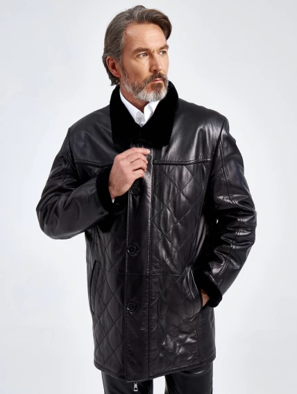 Кожаная зимняя мужская куртка на подкладке из овчины 5712, черная, размер 58, артикул 40660-0