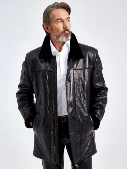 Кожаная зимняя мужская куртка на подкладке из овчины 5712, черная, размер 58, артикул 40660-3
