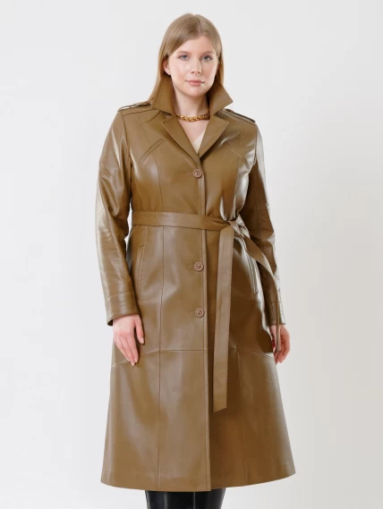 Классическое кожаное женское пальто с поясом премиум класса 3010, серо-коричневое, размер 46, артикул 25620-0