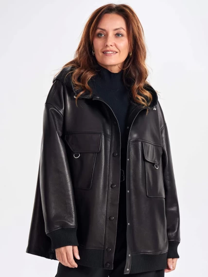 Удлиненная кожаная женская куртка бомбер с капюшоном премиум класса 3067, черная, размер 44, артикул 23810-3