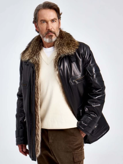 Зимняя мужская кожаная куртка с подкладкой и воротником меха енота 514мех, черная, размер 54, артикул 40760-0