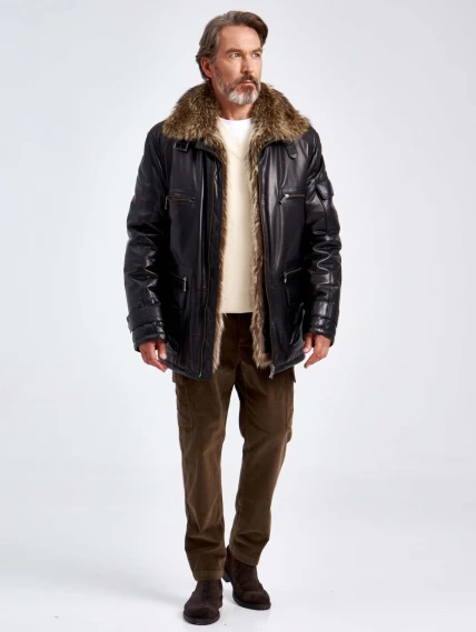 Зимняя мужская кожаная куртка с подкладкой и воротником меха енота 514мех, черная, размер 54, артикул 40760-1