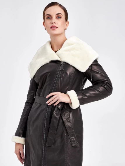 Кожаное пальто зимнее женское 390мех, с капюшоном, черно-белое, размер 46, артикул 91810-0