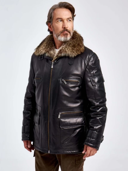 Зимняя мужская кожаная куртка с подкладкой и воротником меха енота 514мех, черная, размер 54, артикул 40760-3