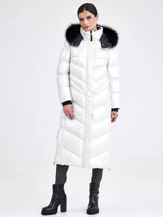Кожаное стеганное женское пальто с меховым капюшоном премиум класса 3025-0