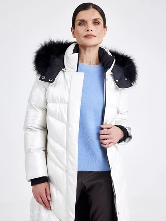 Кожаное стеганное женское пальто с меховым капюшоном премиум класса 3025-1