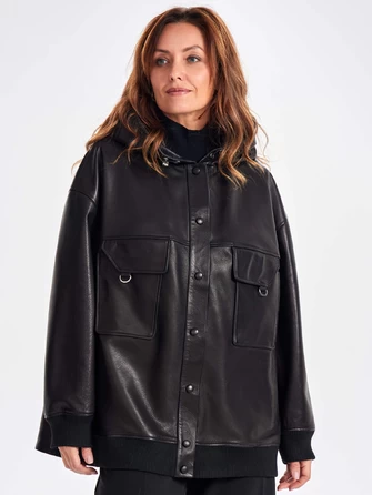 Удлиненная кожаная женская куртка бомбер с капюшоном премиум класса 3067-0