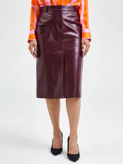Кожаная юбка прямая из натуральной кожи 10, бордовая, размер 44, артикул 85590-2