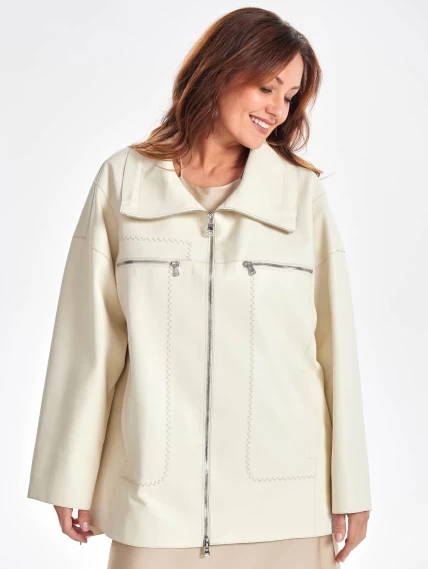 Кожаная женская куртка оверсайз на молнии премиум класса 3056, белая, размер 50, артикул 23510-0
