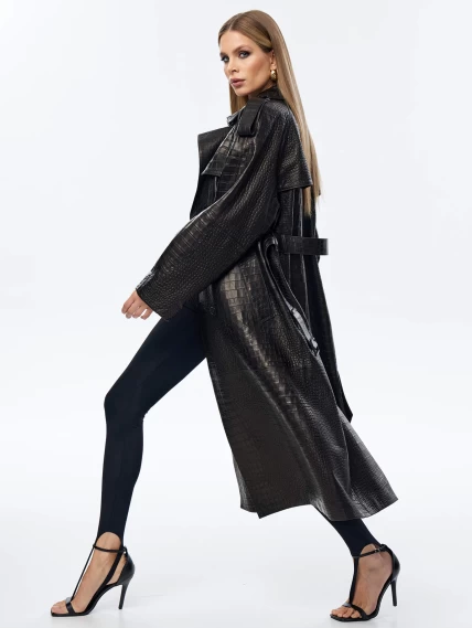 Кожаное пальто с принтом под крокодила премиум класса для женщин 3071, черное, размер 44, артикул 63350-4