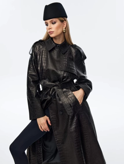 Кожаное пальто с принтом под крокодила премиум класса для женщин 3071, черное, размер 44, артикул 63350-1