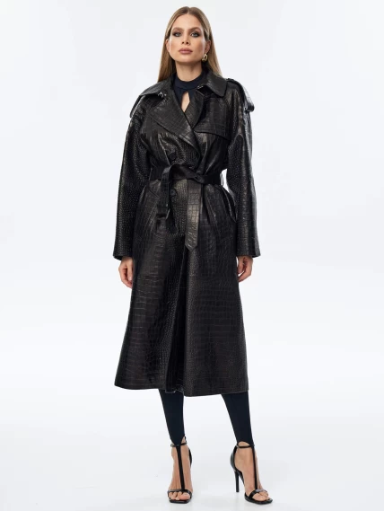Кожаное пальто с принтом под крокодила премиум класса для женщин 3071, черное, размер 44, артикул 63350-0