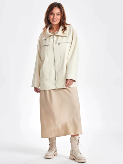 Кожаная женская куртка оверсайз на молнии премиум класса 3056, белая, размер 50, артикул 23510-4