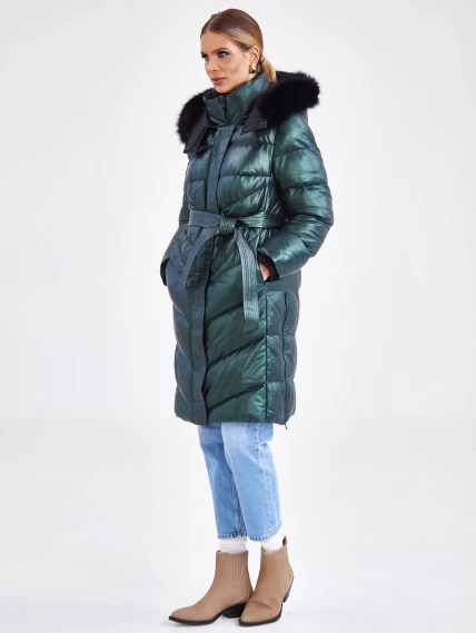 Женское стеганное кожаное пальто с меховым капюшоном премиум класса 3048, зеленое, размер 50, артикул 25680-2