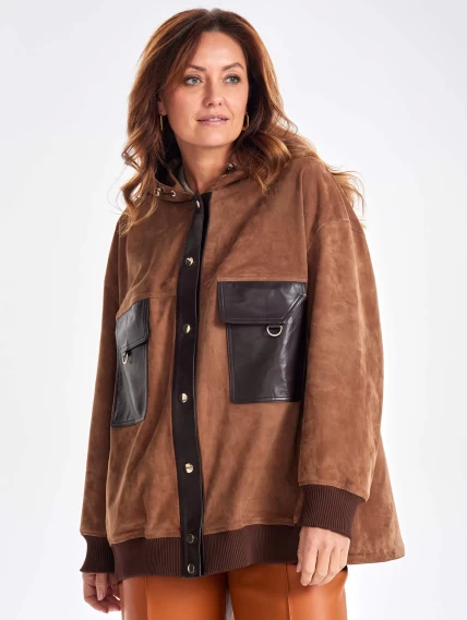 Удлиненная замшевая женская куртка бомбер с капюшоном премиум класса 3067з, светло-коричневая, размер 44, артикул 23820-3