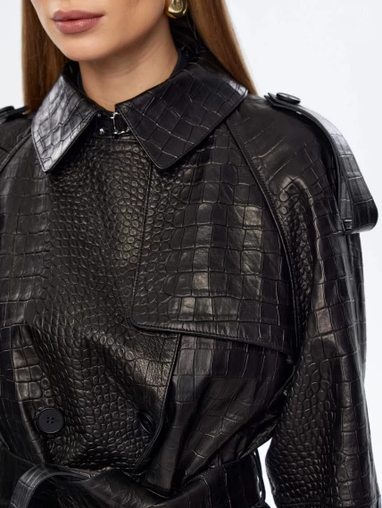 Кожаное пальто с принтом под крокодила премиум класса для женщин 3071, черное, размер 44, артикул 63350-2
