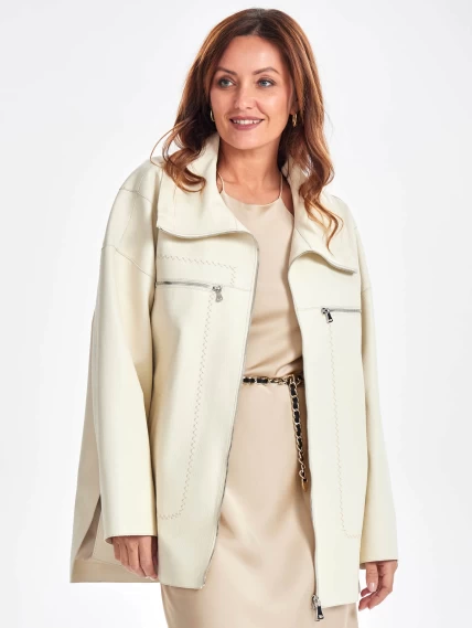 Кожаная женская куртка оверсайз на молнии премиум класса 3056, белая, размер 50, артикул 23510-3