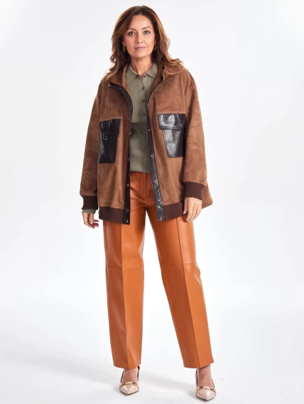 Удлиненная замшевая женская куртка бомбер с капюшоном премиум класса 3067з, светло-коричневая, размер 44, артикул 23820-1