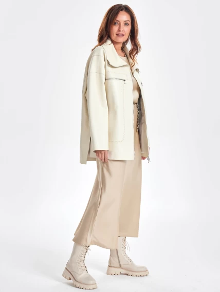 Кожаная женская куртка оверсайз на молнии премиум класса 3056, белая, размер 50, артикул 23510-1