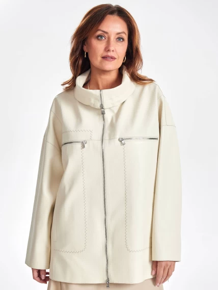 Кожаная женская куртка оверсайз на молнии премиум класса 3056, белая, размер 50, артикул 23510-5