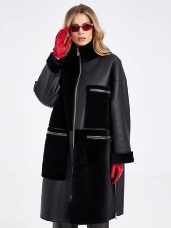 Комбинированное молодежное женское пальто из меховой овчины премиум класса 2044-0